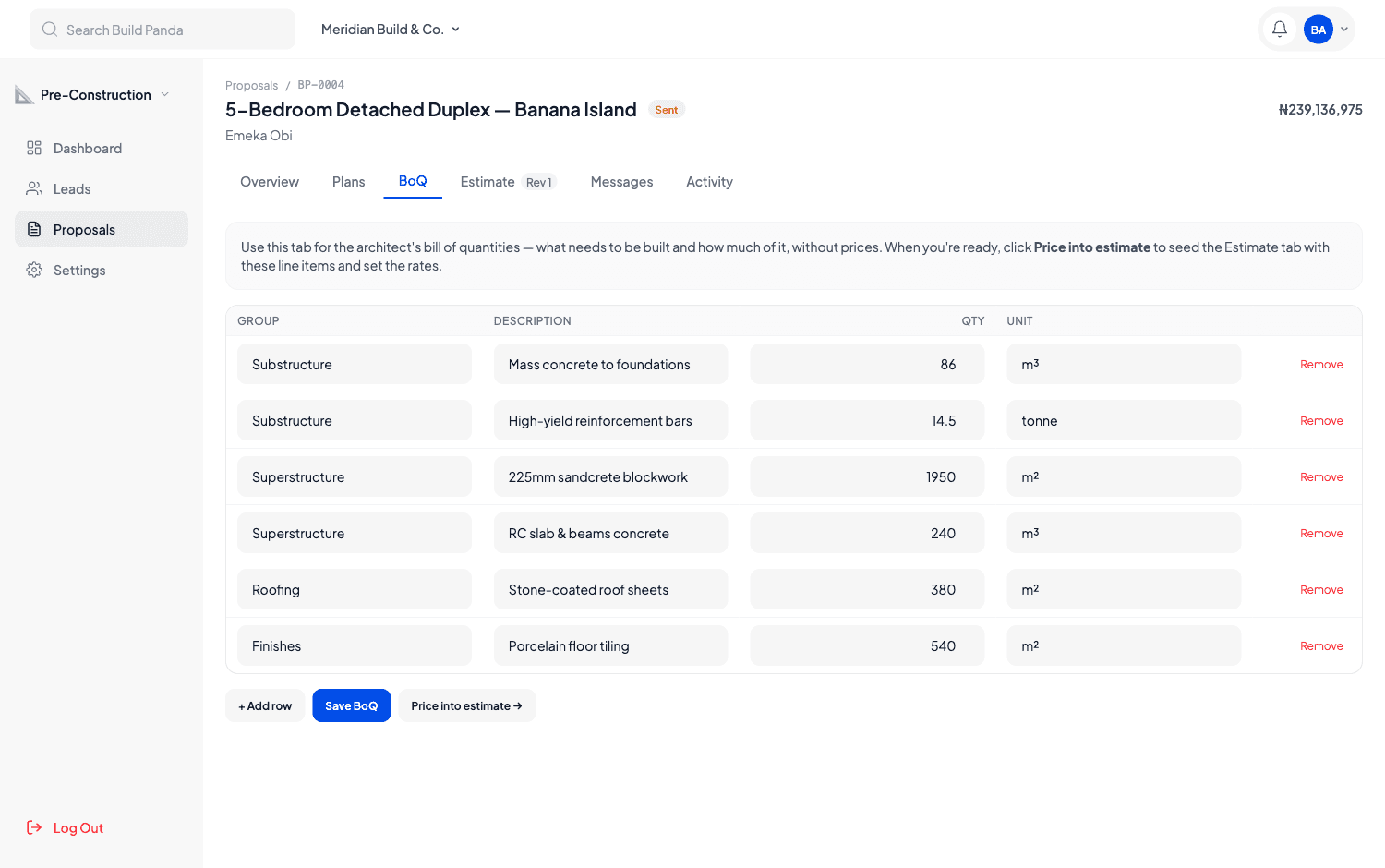 BuildPanda bill of quantities with grouped work items, quantities, units and an action to price them into an estimate