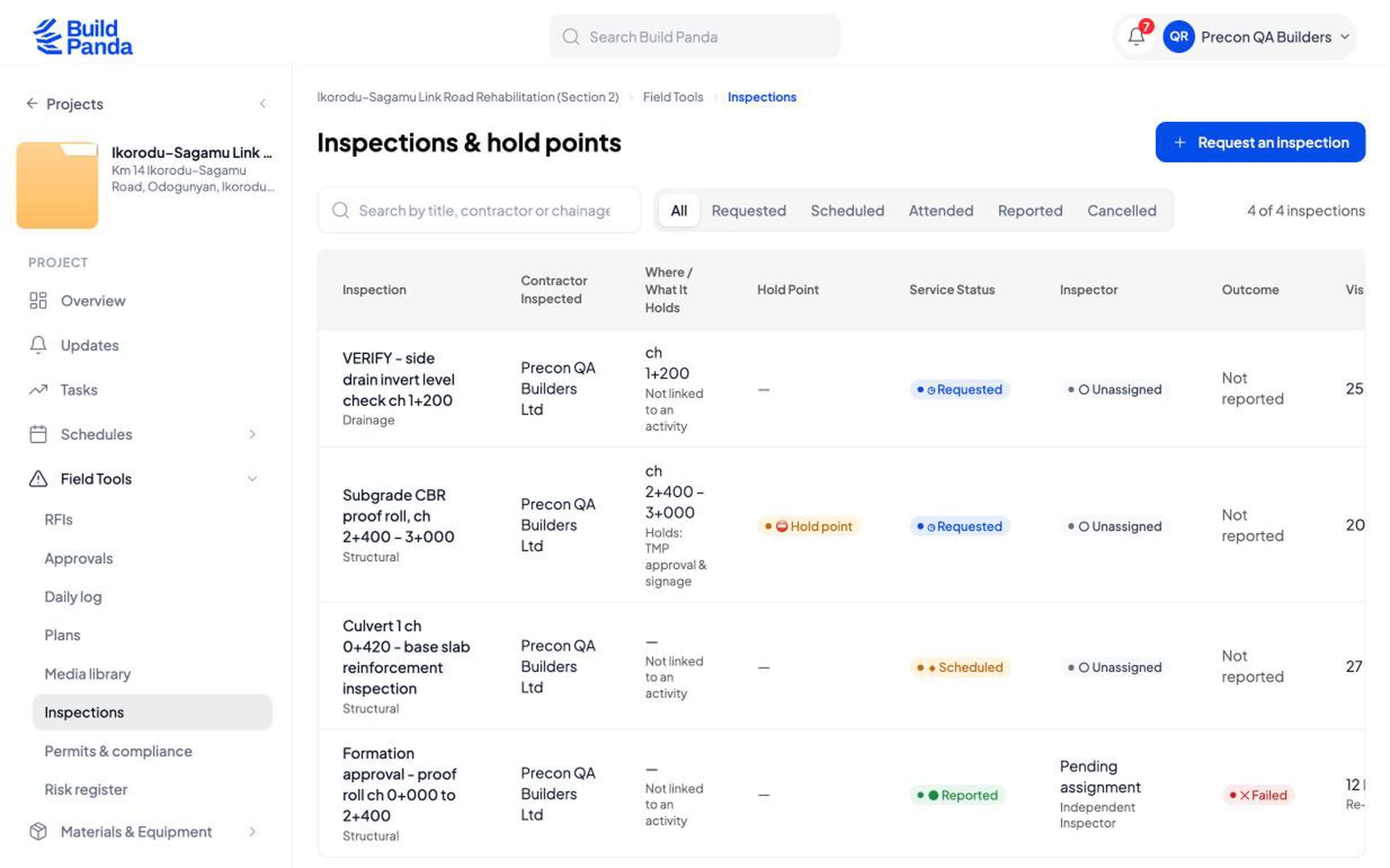The inspection register: each inspection with the contractor inspected, where it holds, its hold point, service status, inspector and outcome