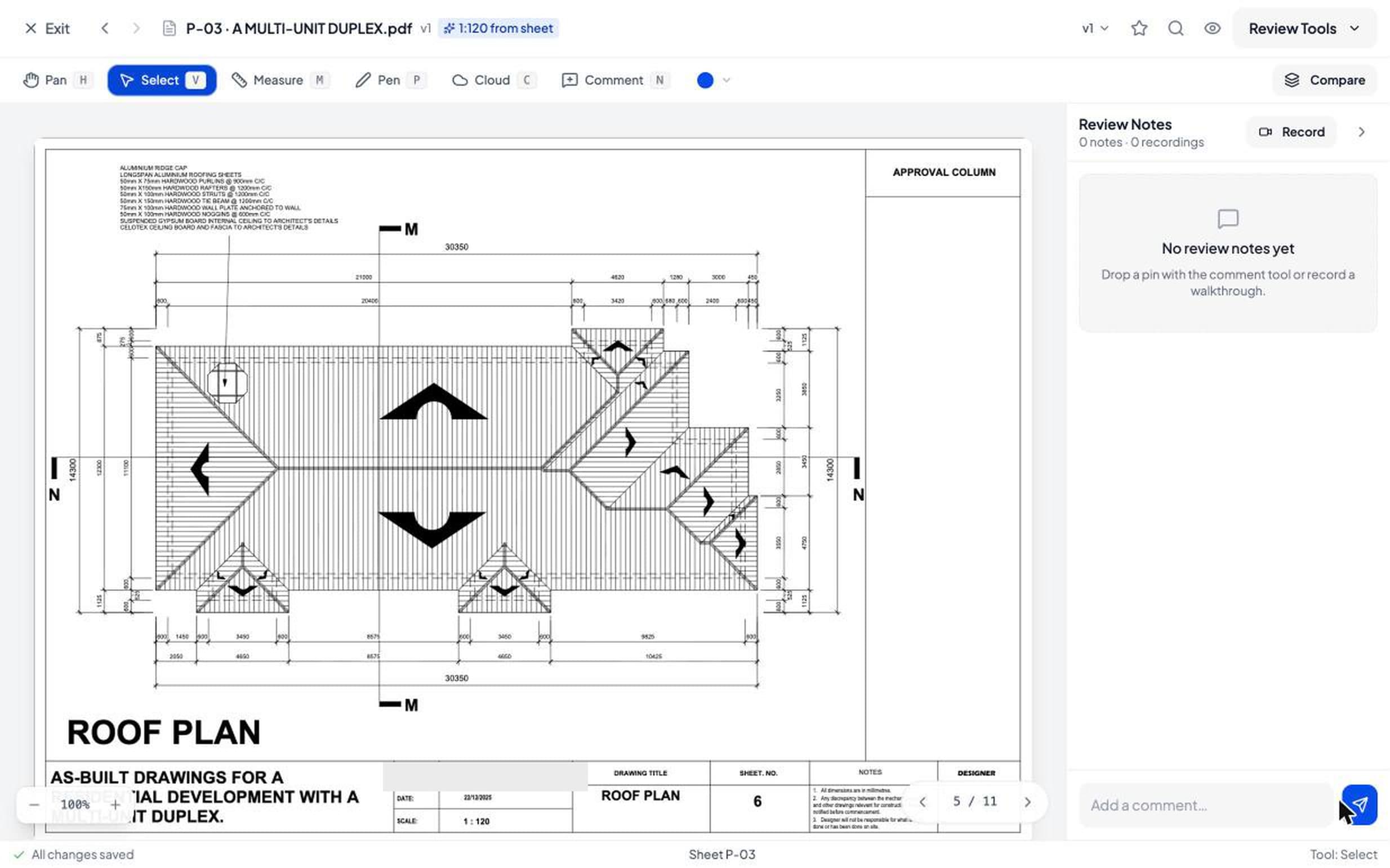 A roof plan open in the review workspace with the markup toolbar, the scale detected as 1:120 from the sheet, and a review notes panel beside it
