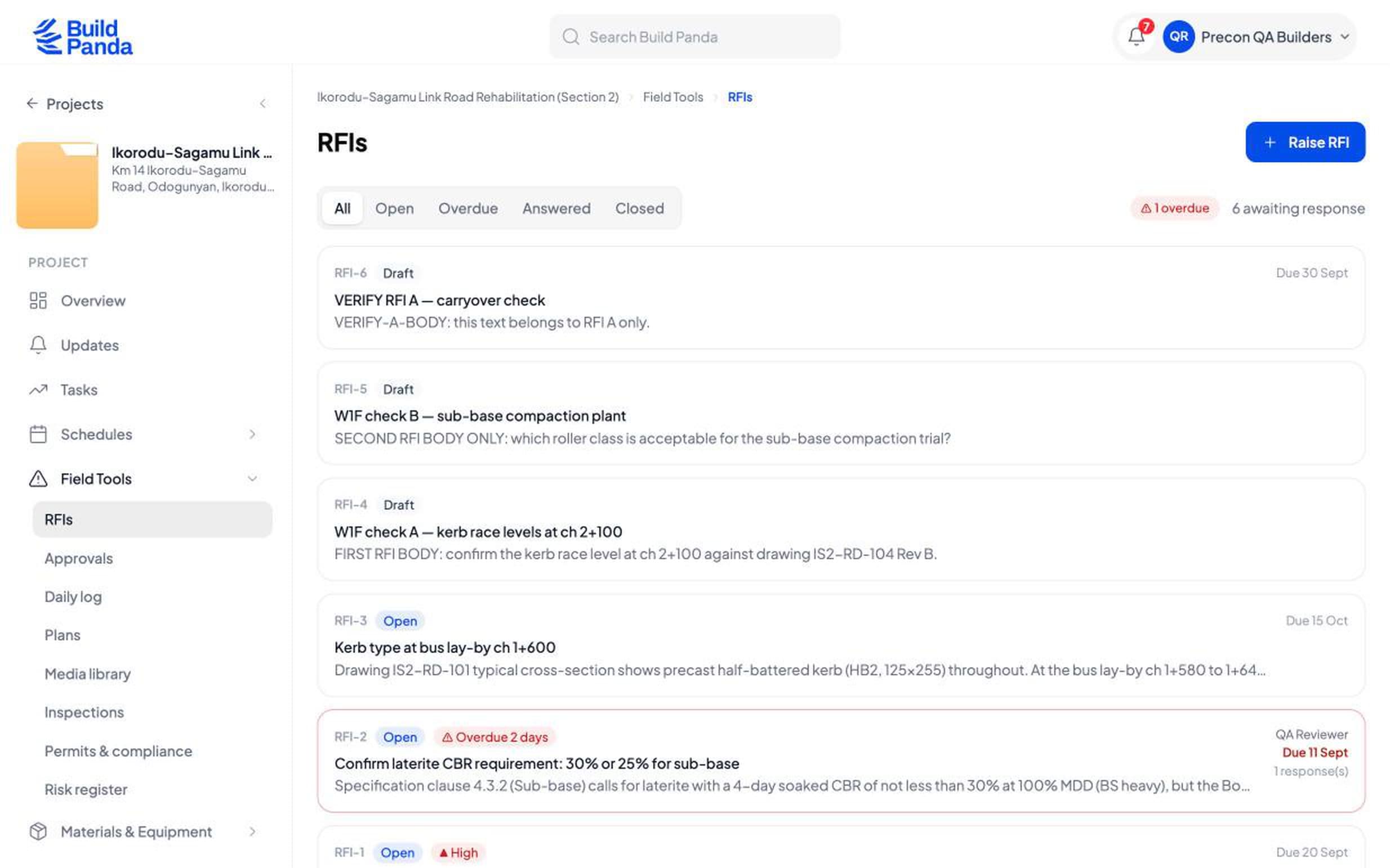 The RFI register: each request with its number, status, due date, the drawing it refers to, and how many responses it has