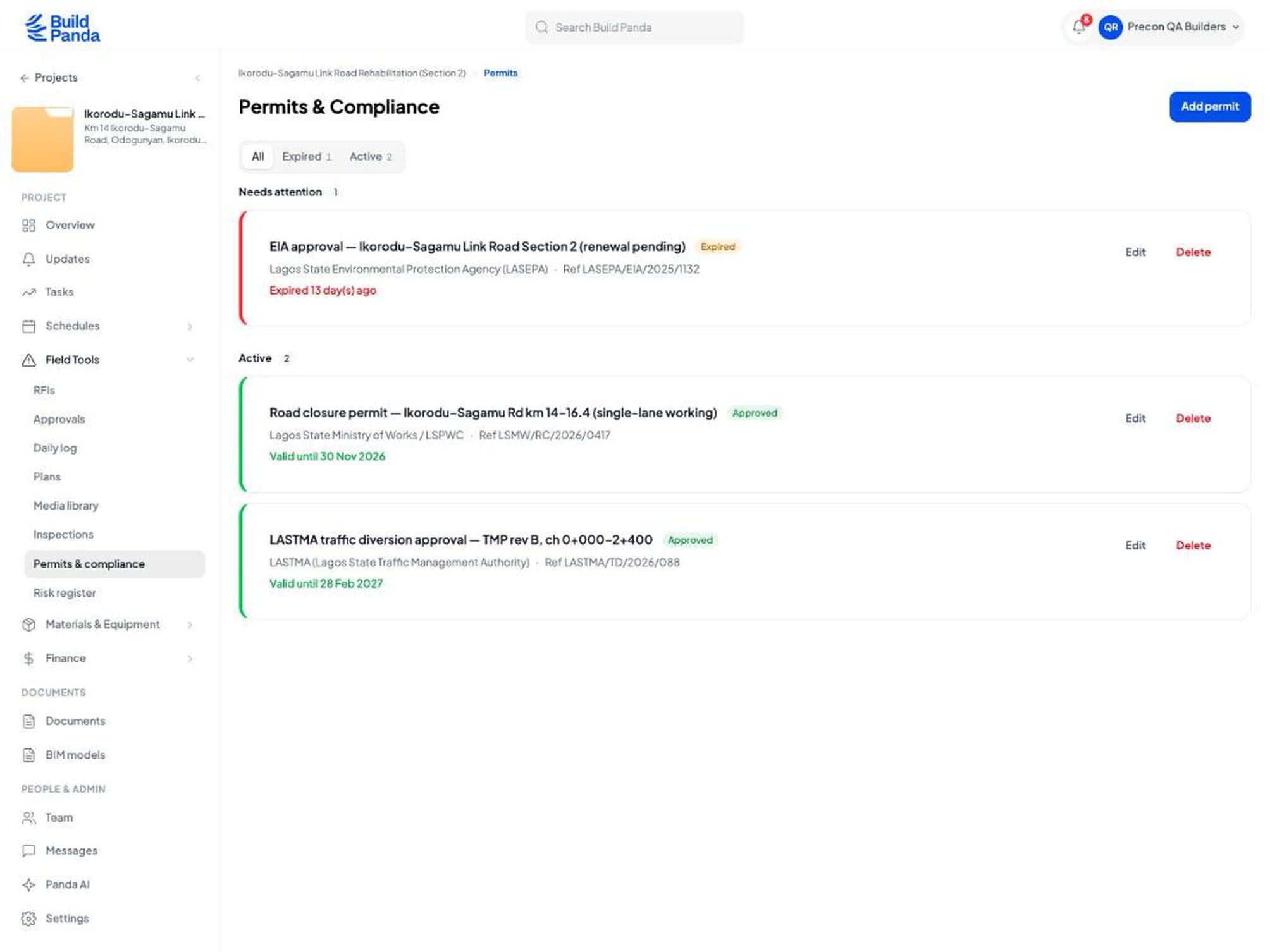 Field tools on a tablet: the permits and compliance register for the same road job, with an expired environmental approval flagged and two active permits and their expiry dates